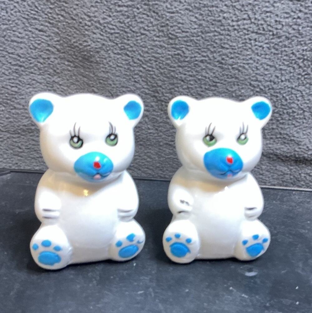 Vintage Loomco Blue & White Teddy Bear Salt & Pepper Shakers Early 1990s